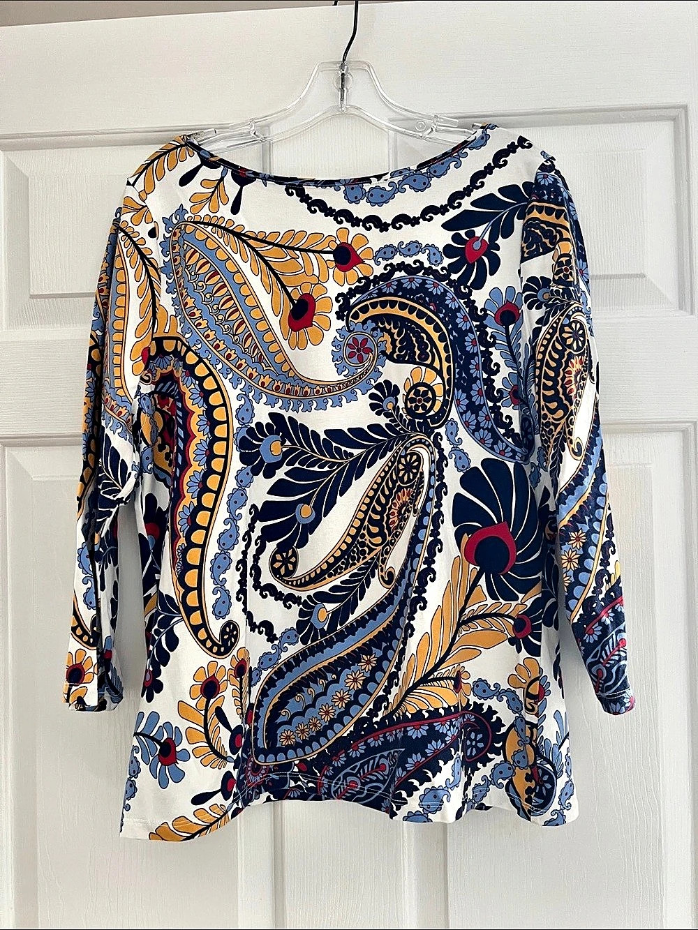 Talbots The Talbots Tee Paisley Print Boatneck Top Blue & White